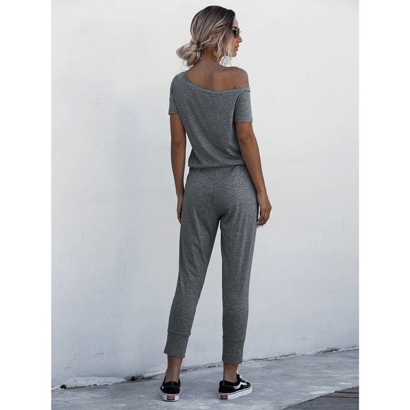 minimalist Asymmetrical Neck Drawstring Waist Slant Pocket Tee Jumpsuit - Picture 5 of 11